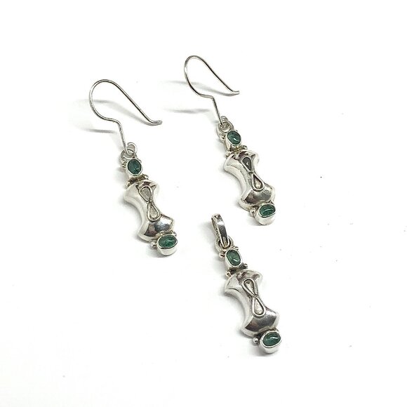 Sterling Silver Earrings, Chic Boho Style Emerald Earrings + Pendant set - Picture 4 of 6